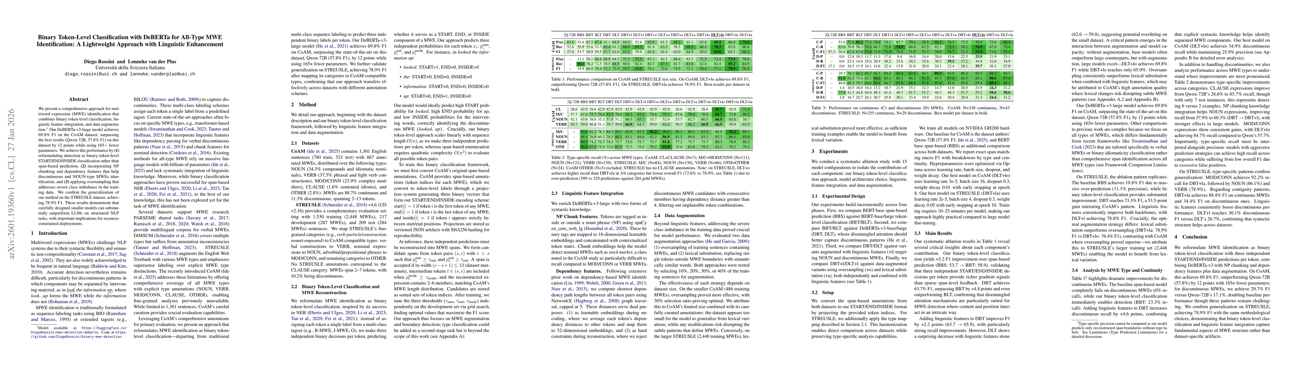 Thumbnail for Binary Token-Level Classification with DeBERTa for All-Type MWE Identification: A Lightweight Approach with Linguistic Enhancement