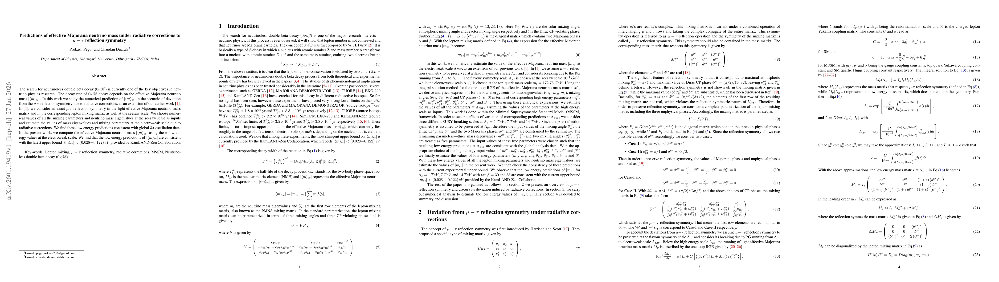Thumbnail for Predictions of effective Majorana neutrino mass under radiative corrections to $μ-τ$ reflection symmetry