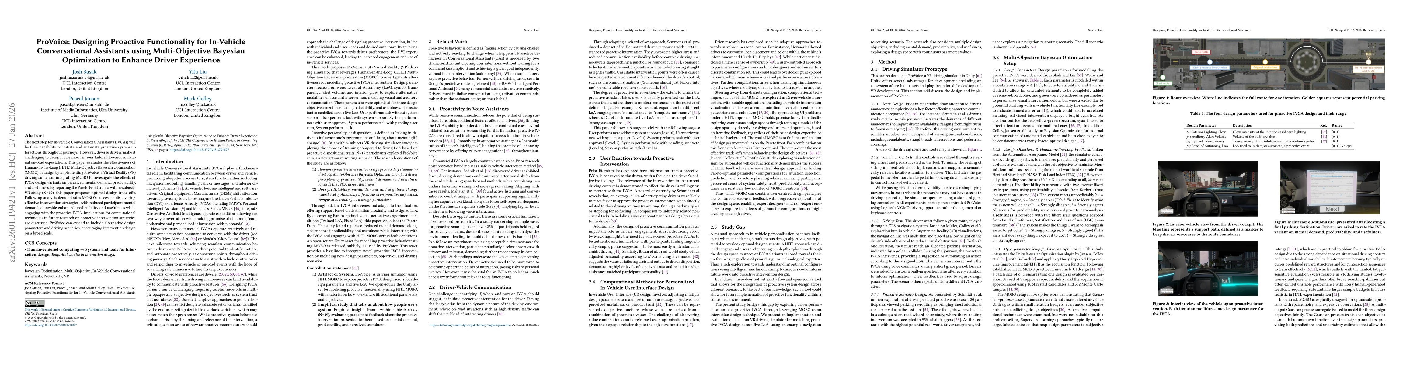 Thumbnail for ProVoice: Designing Proactive Functionality for In-Vehicle Conversational Assistants using Multi-Objective Bayesian Optimization to Enhance Driver Experience