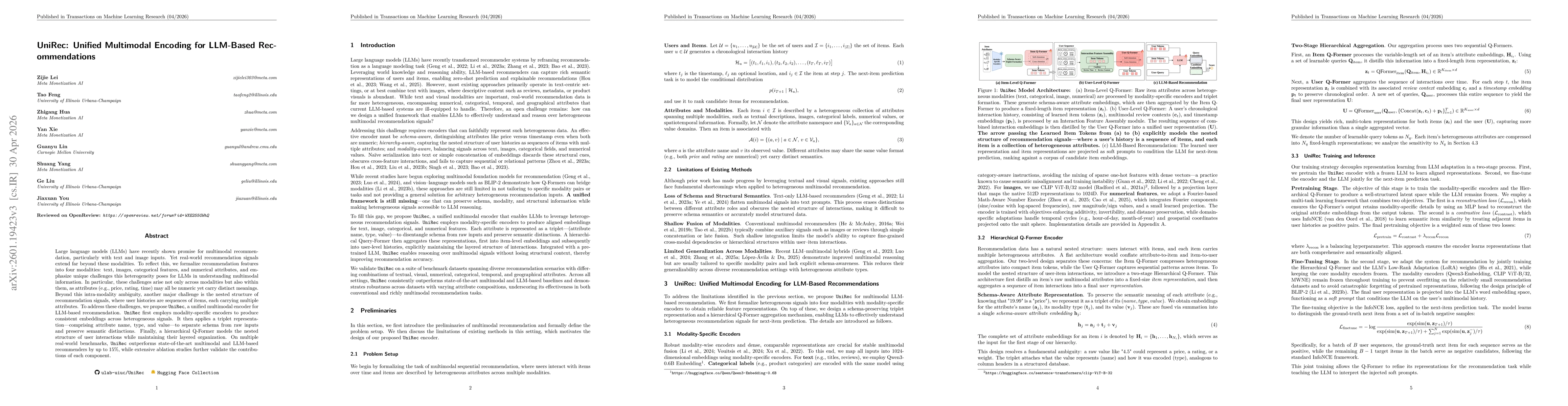 Thumbnail for UniRec: Unified Multimodal Encoding for LLM-Based Recommendations