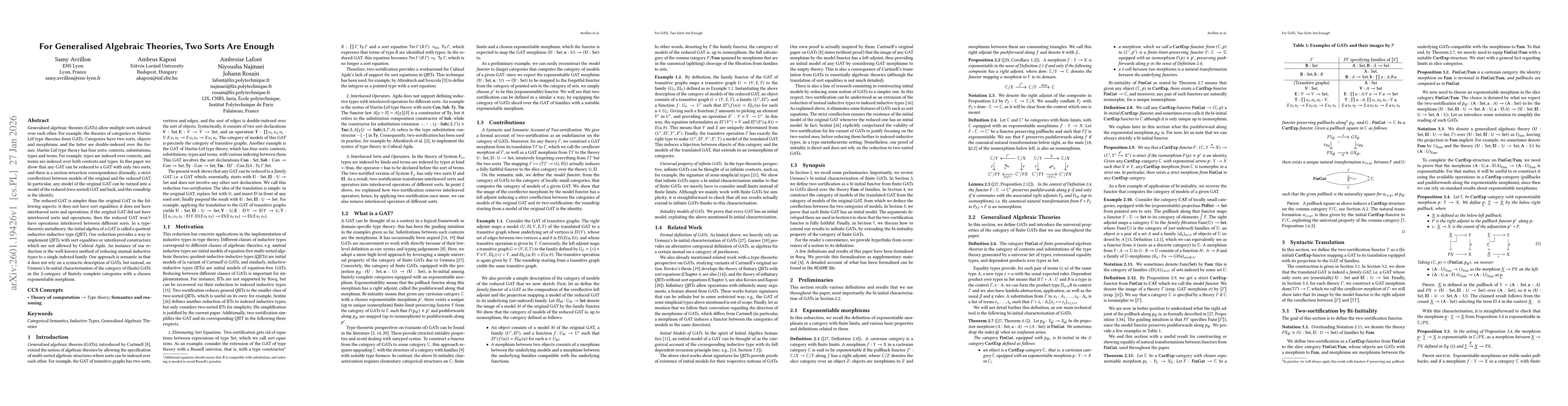 Thumbnail for For Generalised Algebraic Theories, Two Sorts Are Enough