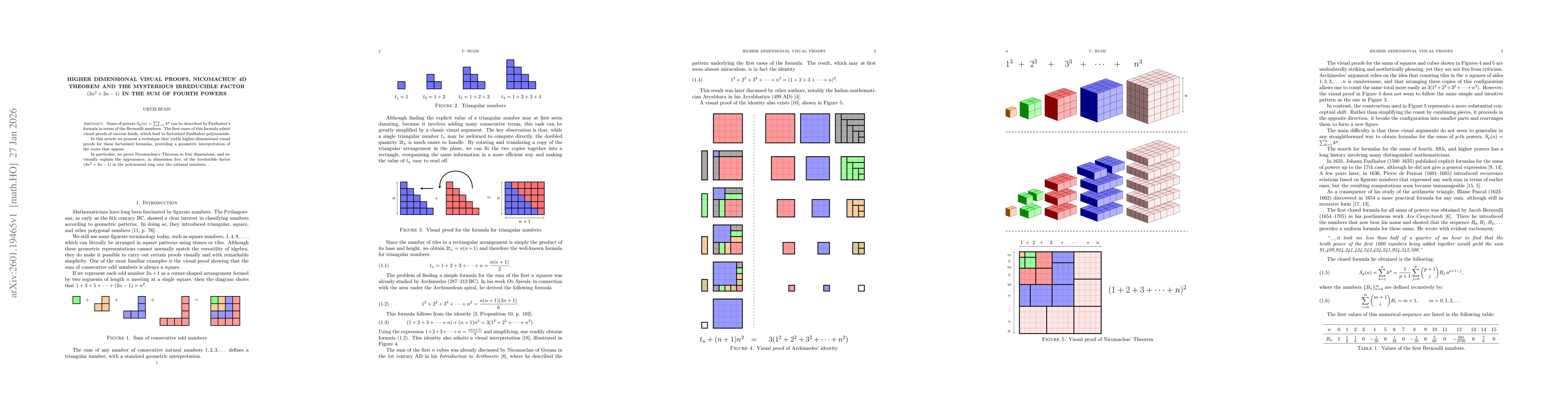 Thumbnail for Higher dimensional visual proofs, Nicomachus' 4D Theorem and the mysterious irreducible factor $(3n^2+3n-1)$ in the sum of fourth powers
