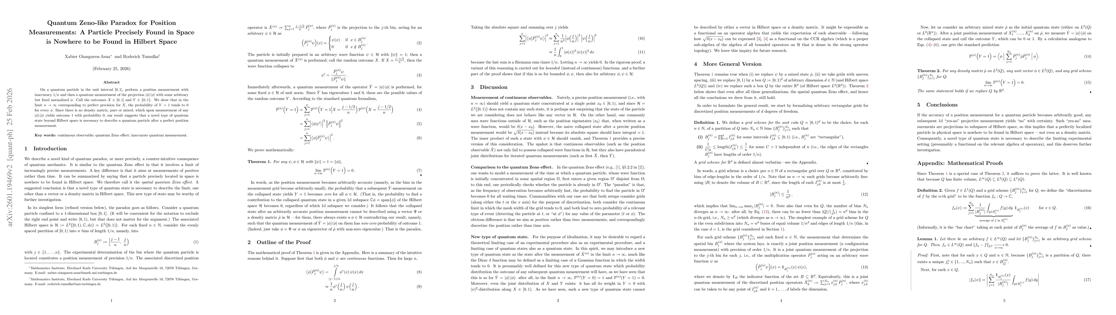 Thumbnail for Quantum Zeno-like Paradox for Position Measurements: A Particle Precisely Found in Space is Nowhere to be Found in Hilbert Space