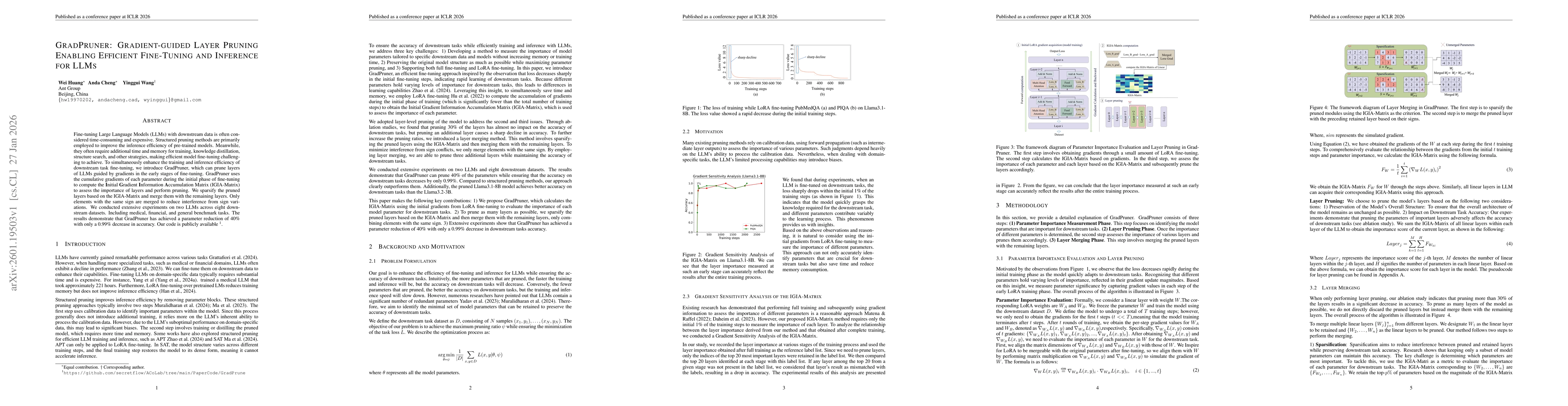 Thumbnail for GradPruner: Gradient-Guided Layer Pruning Enabling Efficient Fine-Tuning and Inference for LLMs