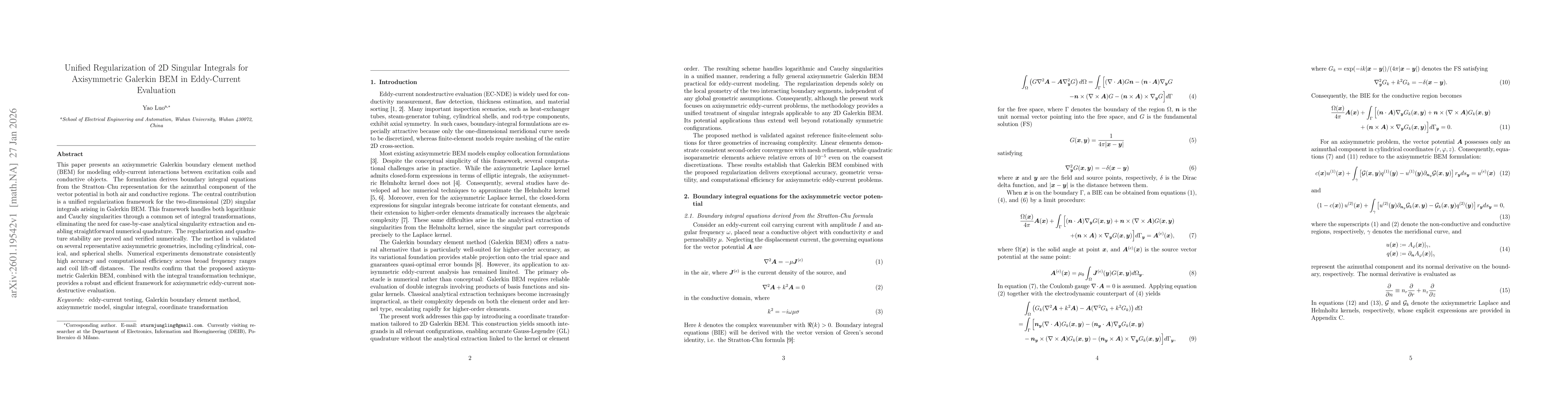 Thumbnail for Unified Regularization of 2D Singular Integrals for Axisymmetric Galerkin BEM in Eddy-Current Evaluation
