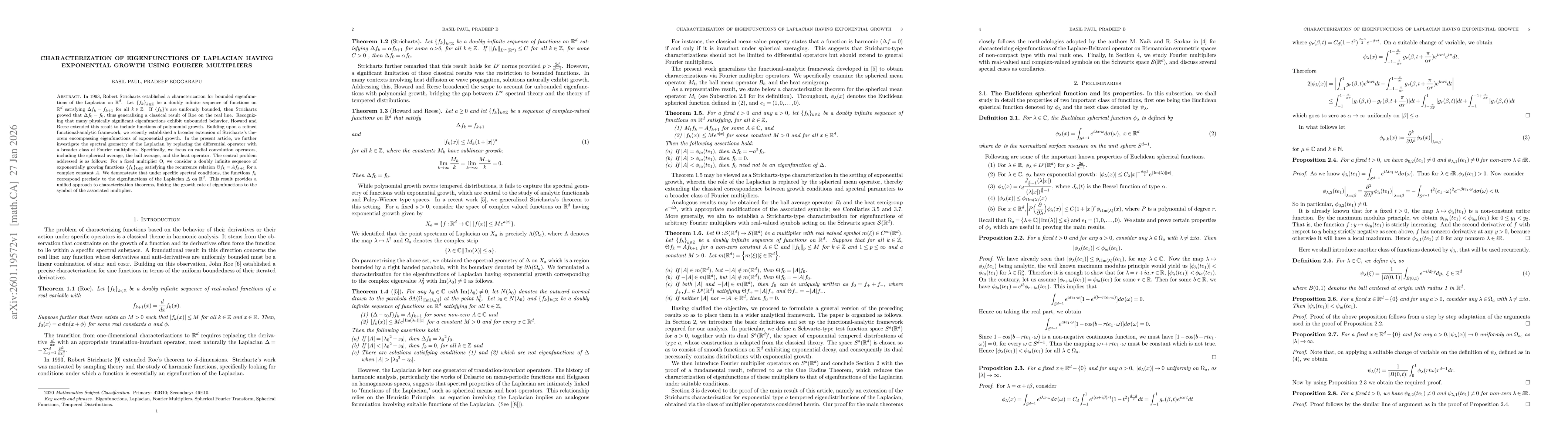 Thumbnail for Characterization of eigenfunctions of Laplacian having exponential growth using Fourier multipliers