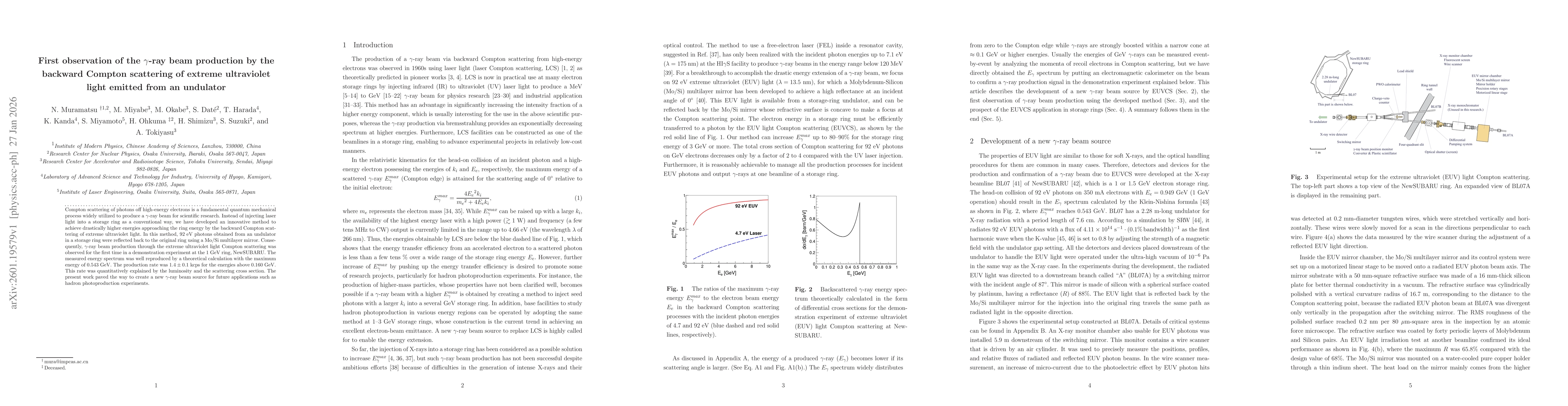 Thumbnail for First observation of the $γ$-ray beam production by the backward Compton scattering of extreme ultraviolet light emitted from an undulator