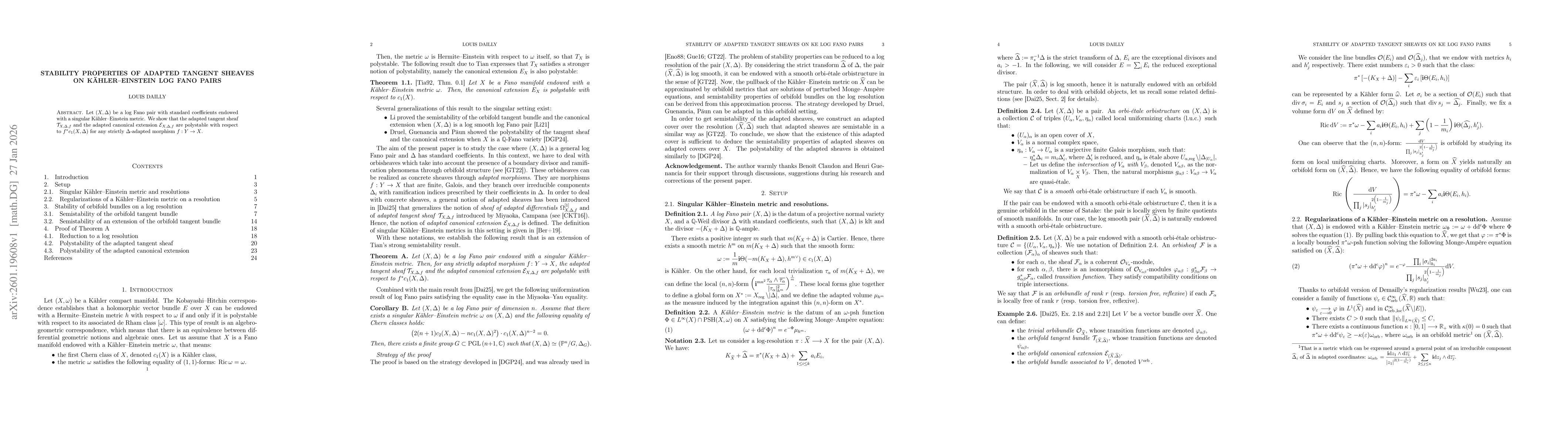 Thumbnail for Stability properties of adapted tangent sheaves on Kähler--Einstein log Fano pairs