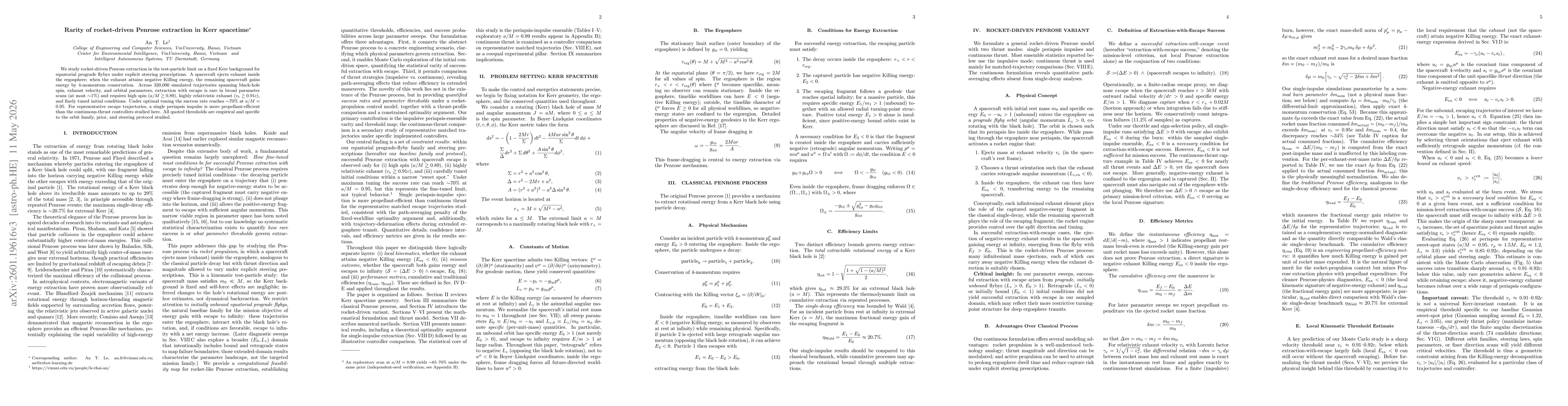 Thumbnail for On the rarity of rocket-driven Penrose extraction in Kerr spacetime