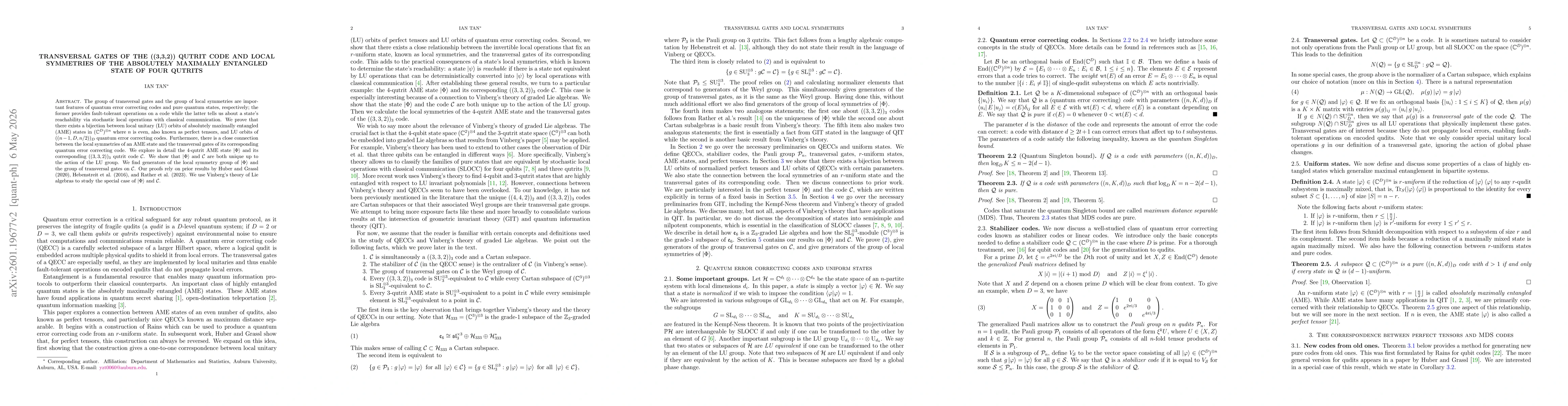 Thumbnail for Transversal gates of the ((3,3,2)) qutrit code and local symmetries of the absolutely maximally entangled state of four qutrits