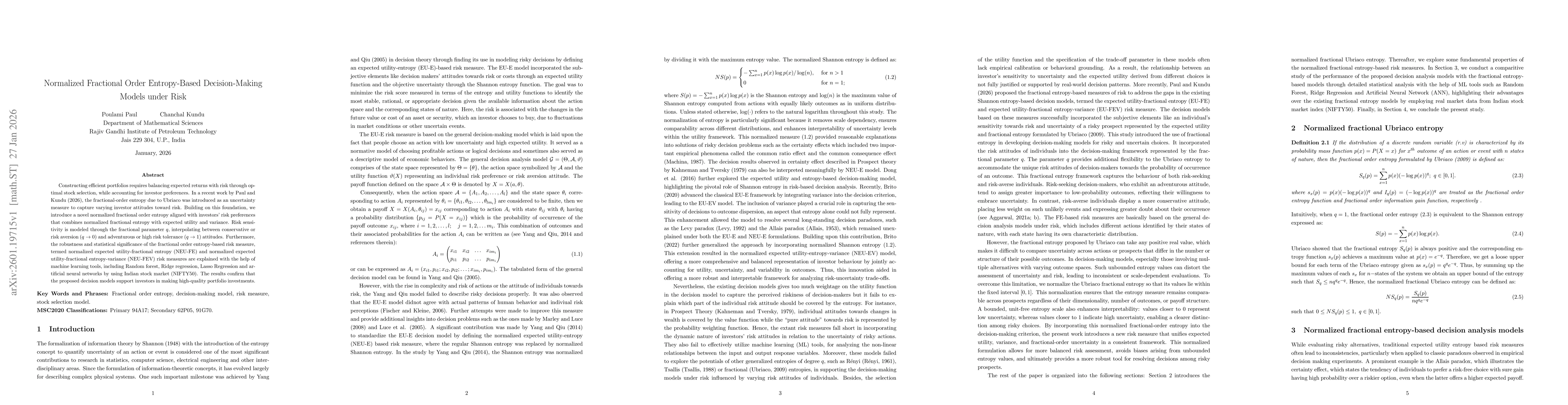 Thumbnail for Normalized Fractional Order Entropy-Based Decision-Making Models under Risk