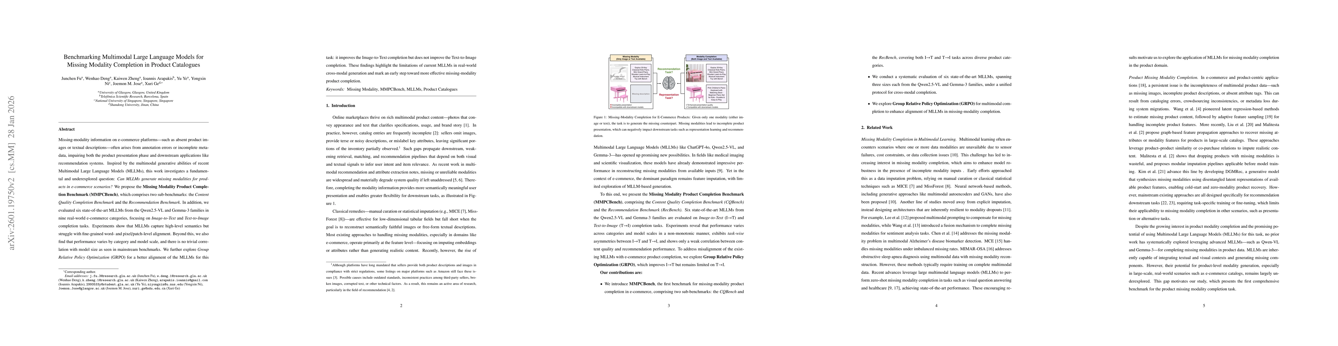Thumbnail for Benchmarking Multimodal Large Language Models for Missing Modality Completion in Product Catalogues