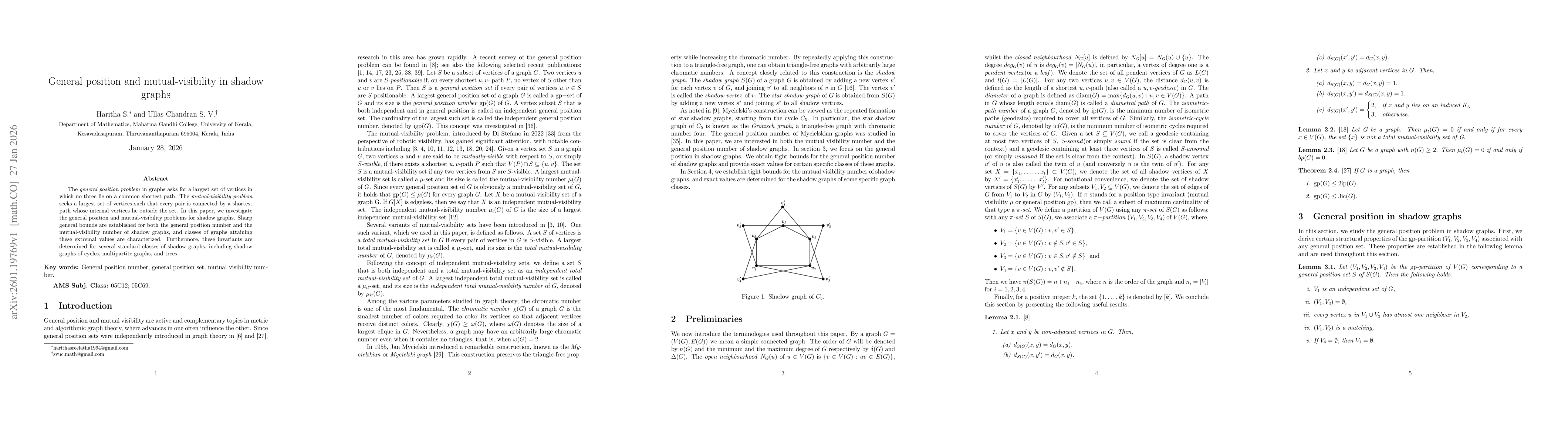 Thumbnail for General position and mutual-visibility in shadow graphs