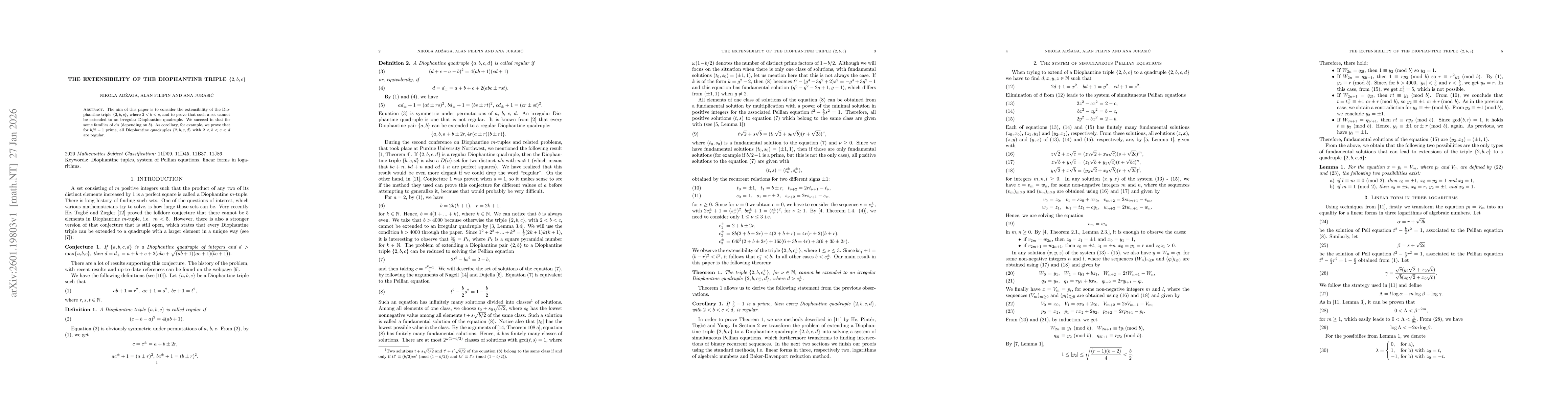 Thumbnail for The extensibility of the Diophantine triple $\{2, b, c\}$