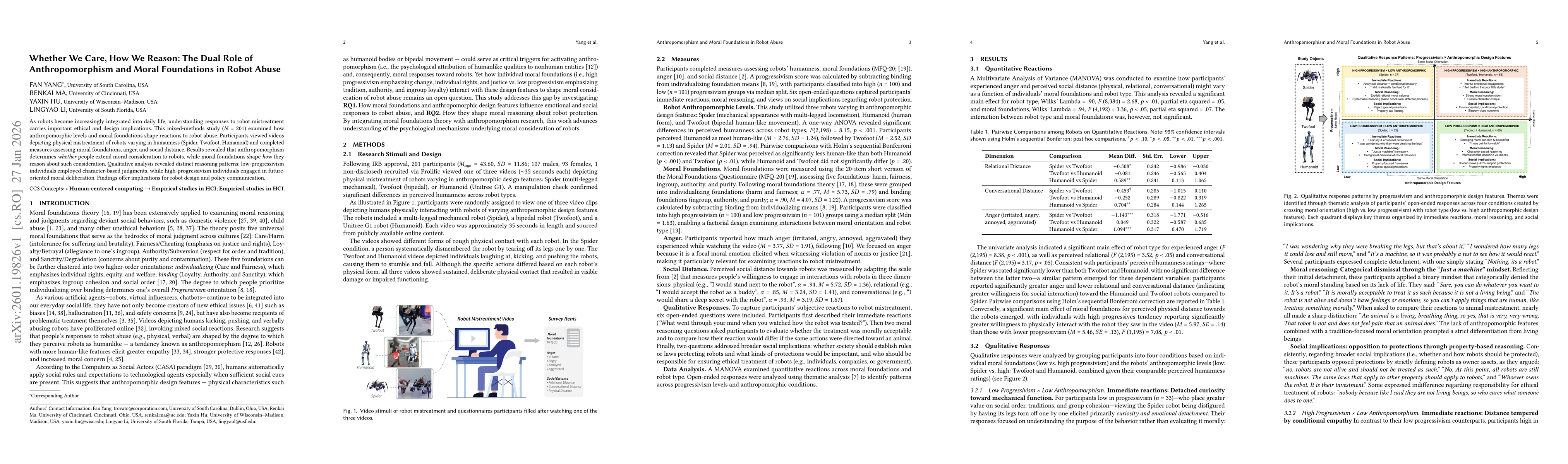 Thumbnail for Whether We Care, How We Reason: The Dual Role of Anthropomorphism and Moral Foundations in Robot Abuse