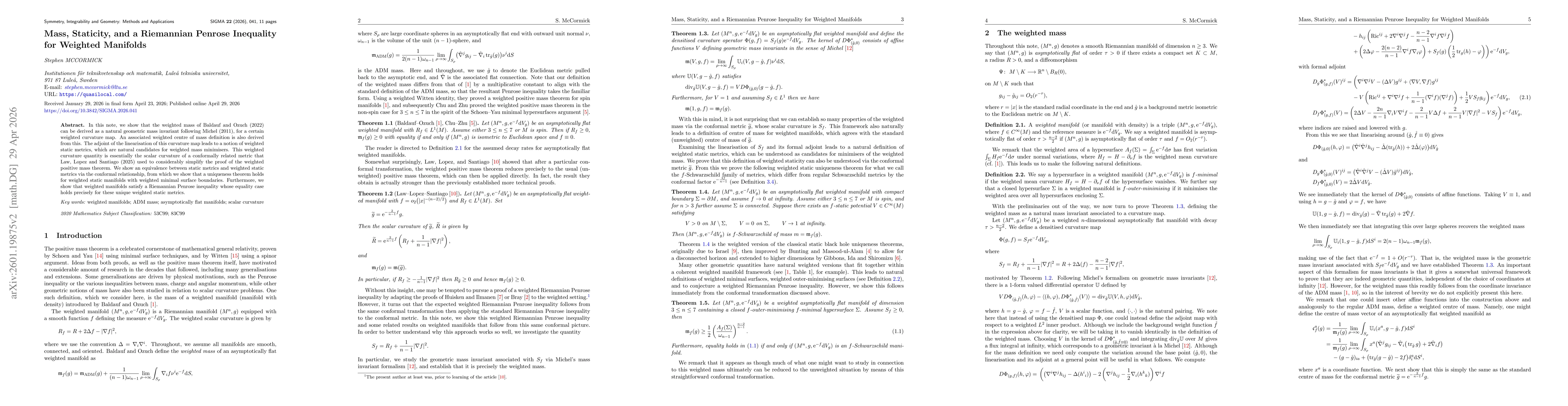 Thumbnail for Mass, staticity, and a Riemannian Penrose inequality for weighted manifolds
