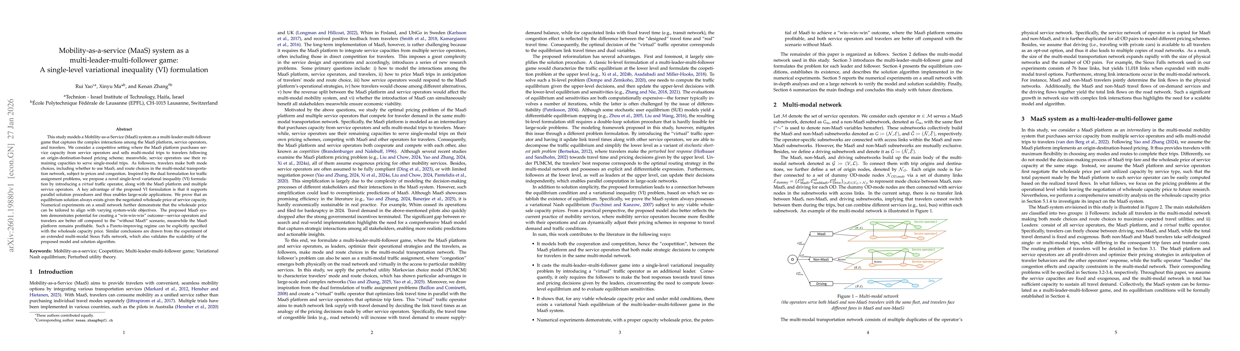 Thumbnail for Mobility-as-a-service (MaaS) system as a multi-leader-multi-follower game: A single-level variational inequality (VI) formulation