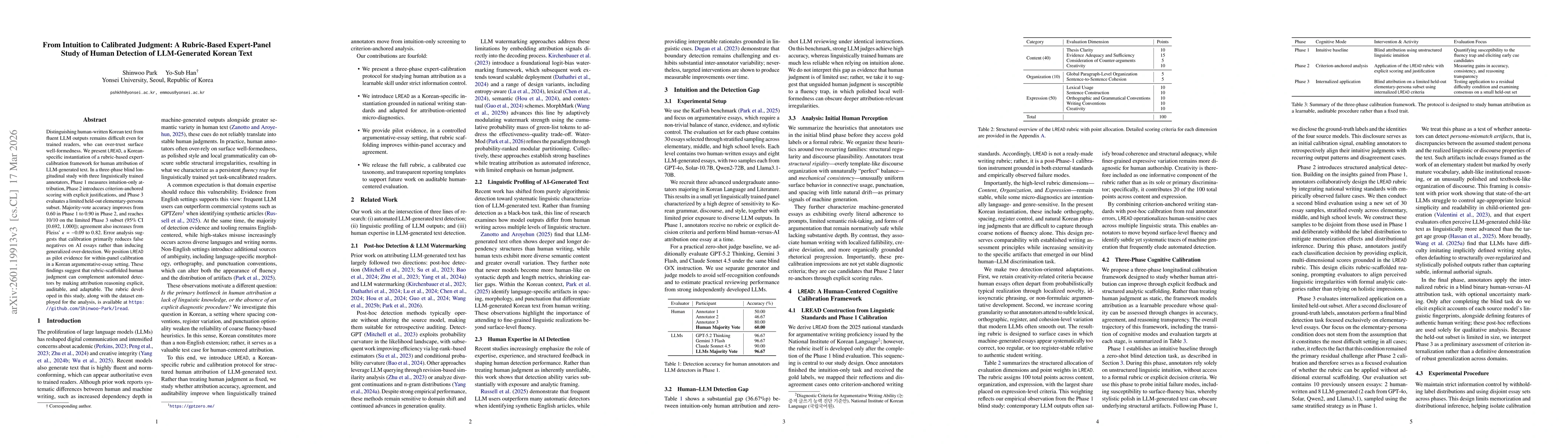 Thumbnail for From Intuition to Expertise: Rubric-Based Cognitive Calibration for Human Detection of LLM-Generated Korean Text