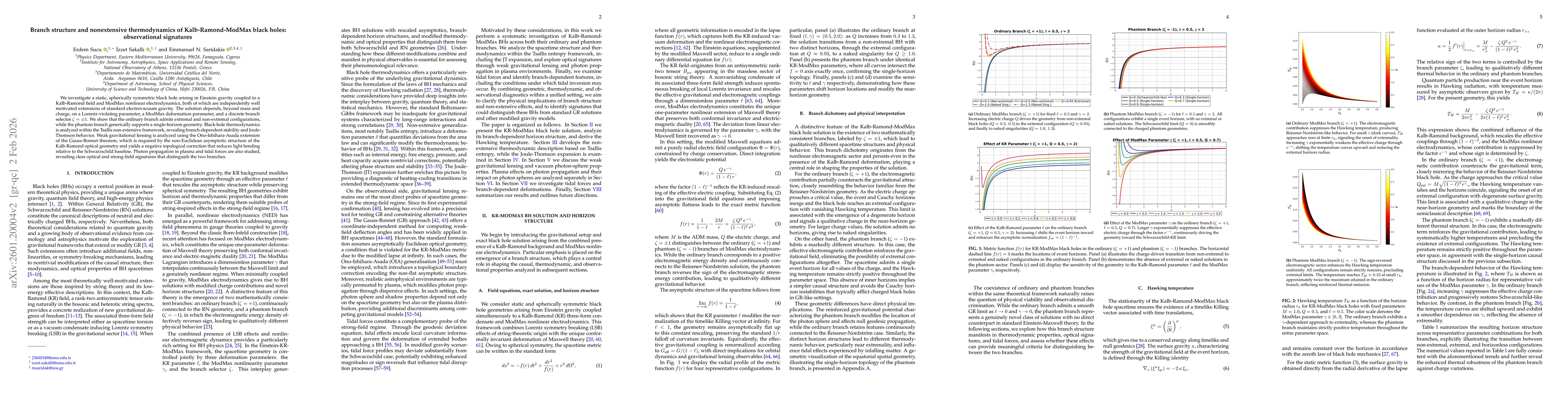 Thumbnail for Branch structure and nonextensive thermodynamics of Kalb-Ramond-ModMax black holes: observational signatures