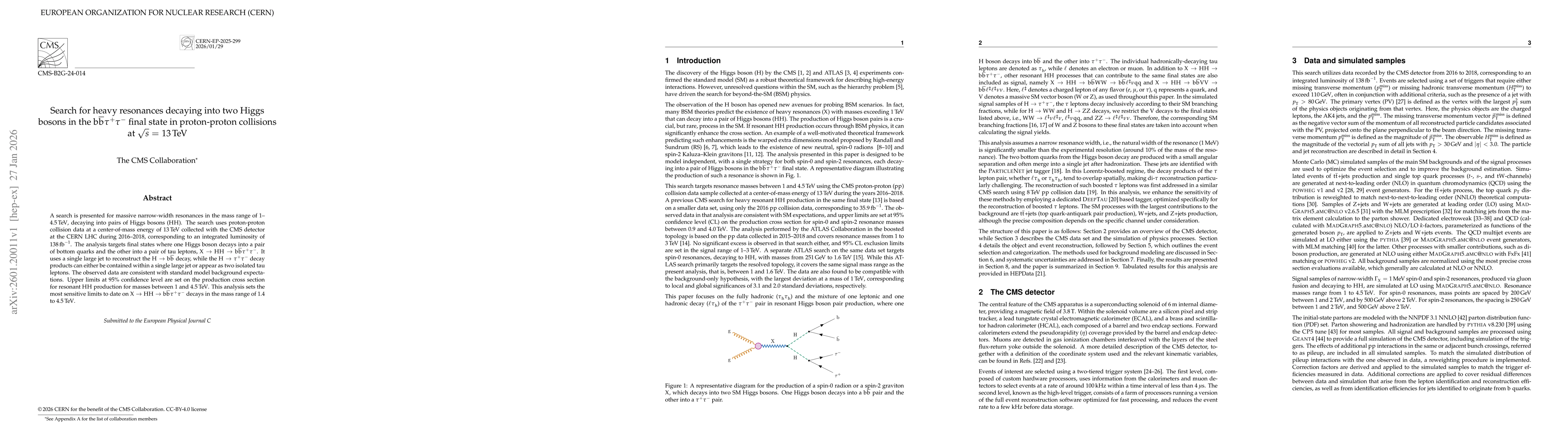 Thumbnail for Search for heavy resonances decaying into two Higgs bosons in the $\mathrm{b\bar{b}}τ^+τ^-$ final state in proton-proton collisions at $\sqrt{s}$ = 13 TeV