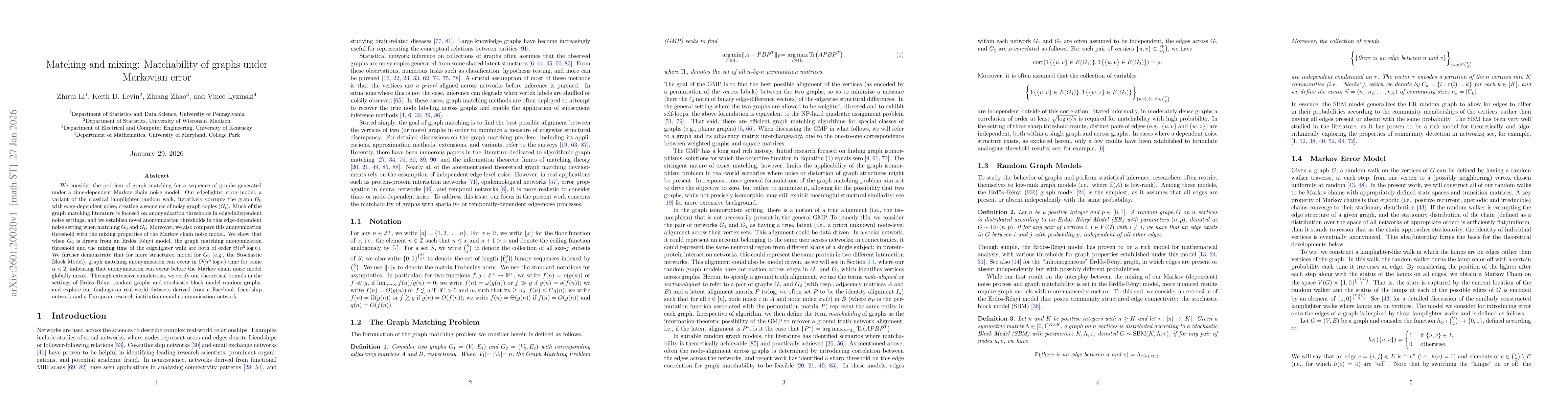 Thumbnail for Matching and mixing: Matchability of graphs under Markovian error