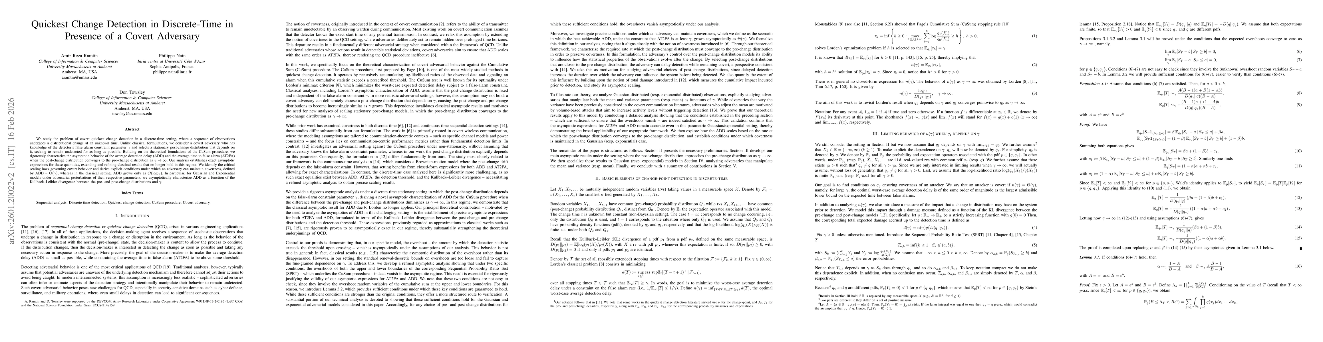 Thumbnail for Quick Change Detection in Discrete-Time in Presence of a Covert Adversary
