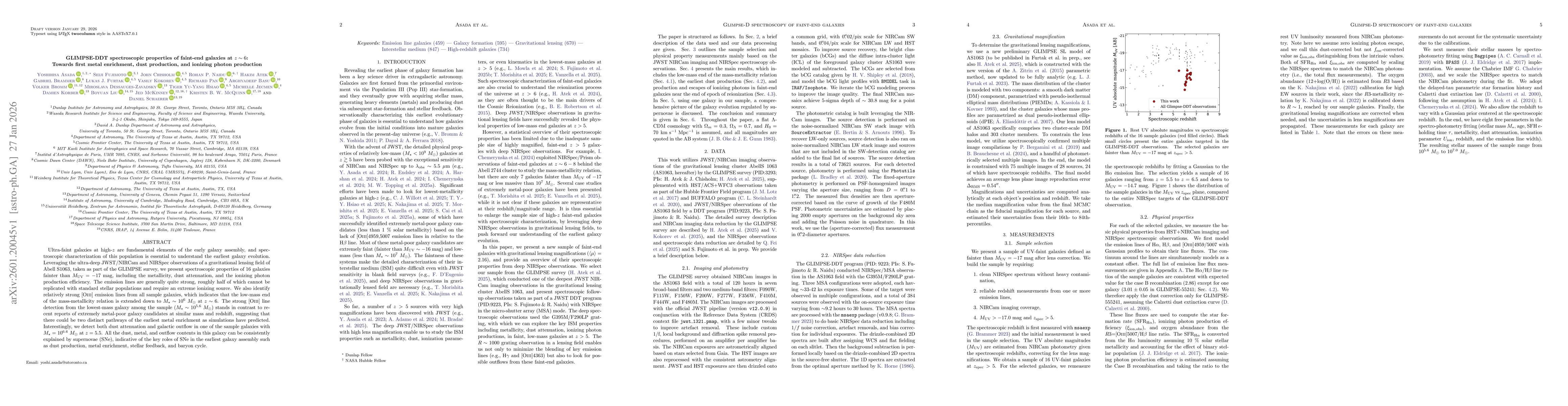 Thumbnail for GLIMPSE-DDT spectroscopic properties of faint-end galaxies at $z\sim6$: Towards first metal enrichment, dust production, and ionizing photon production