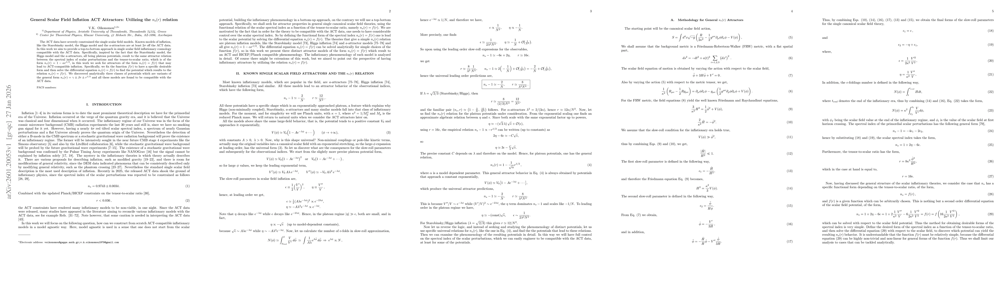 Thumbnail for General Scalar Field Inflation ACT Attractors: Utilizing the $n_s(r)$ relation