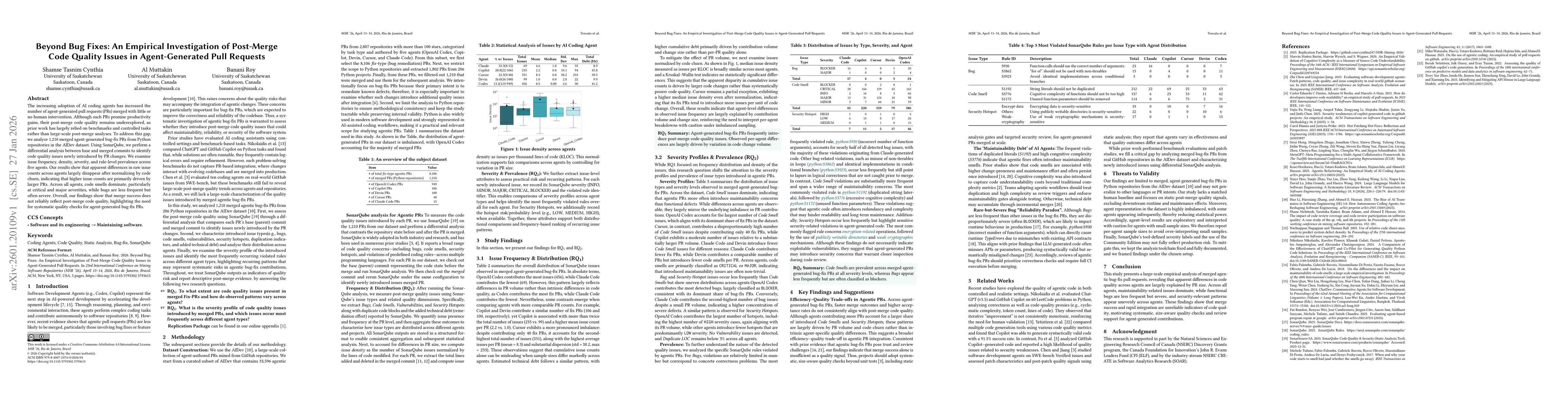 Thumbnail for Beyond Bug Fixes: An Empirical Investigation of Post-Merge Code Quality Issues in Agent-Generated Pull Requests