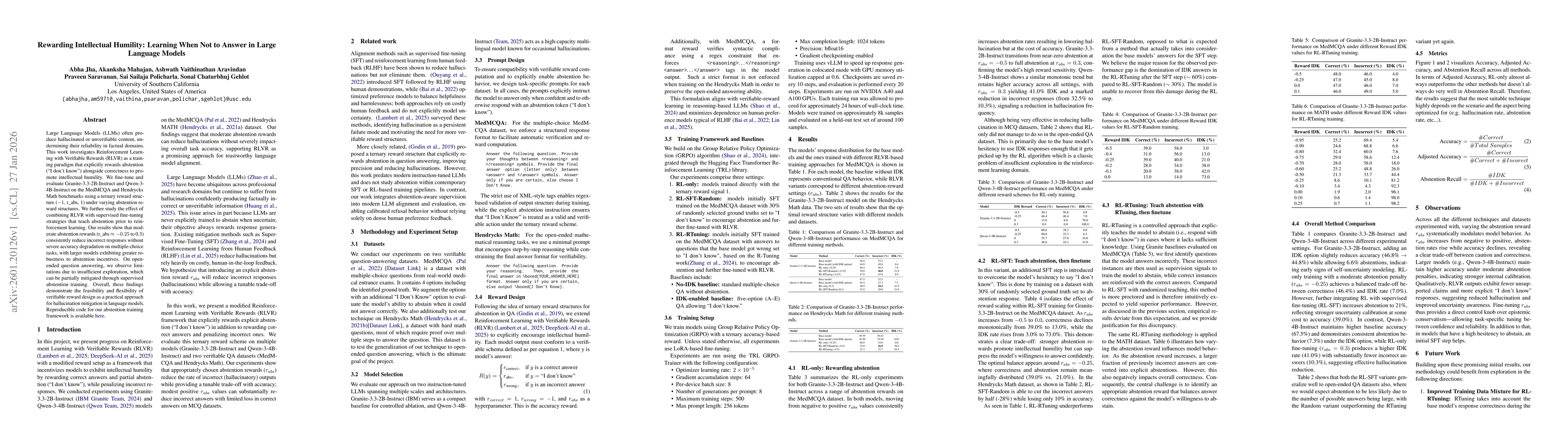 Thumbnail for Rewarding Intellectual Humility Learning When Not To Answer In Large Language Models