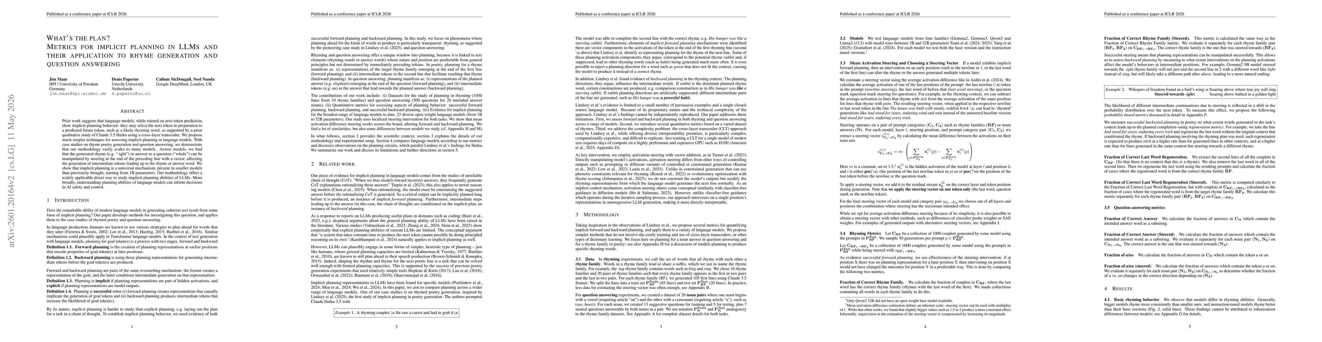 Thumbnail for What's the plan? Metrics for implicit planning in LLMs and their application to rhyme generation and question answering