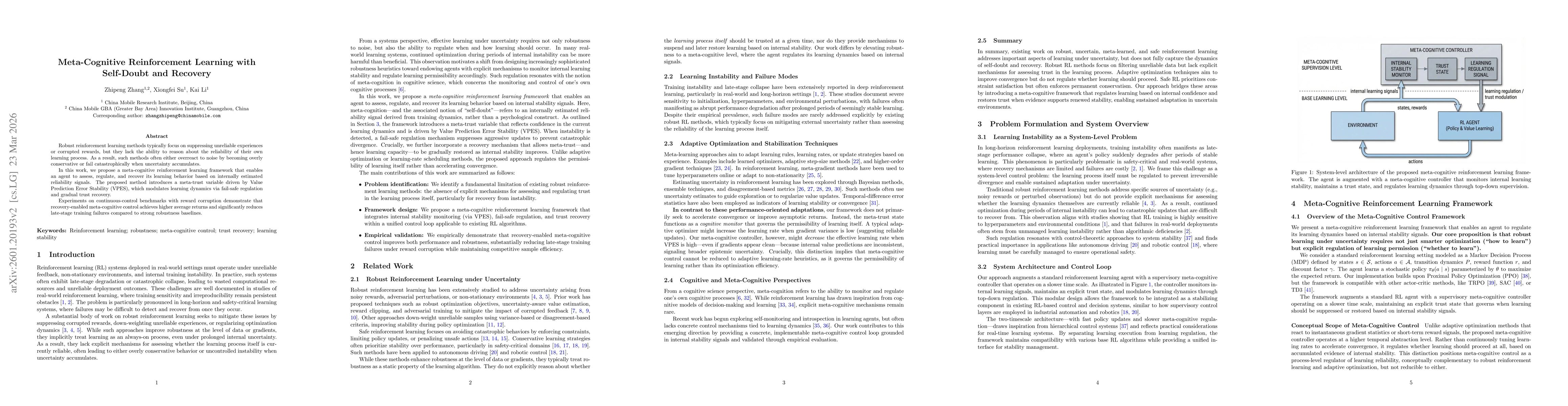 Thumbnail for Meta-Cognitive Reinforcement Learning with Self-Doubt and Recovery
