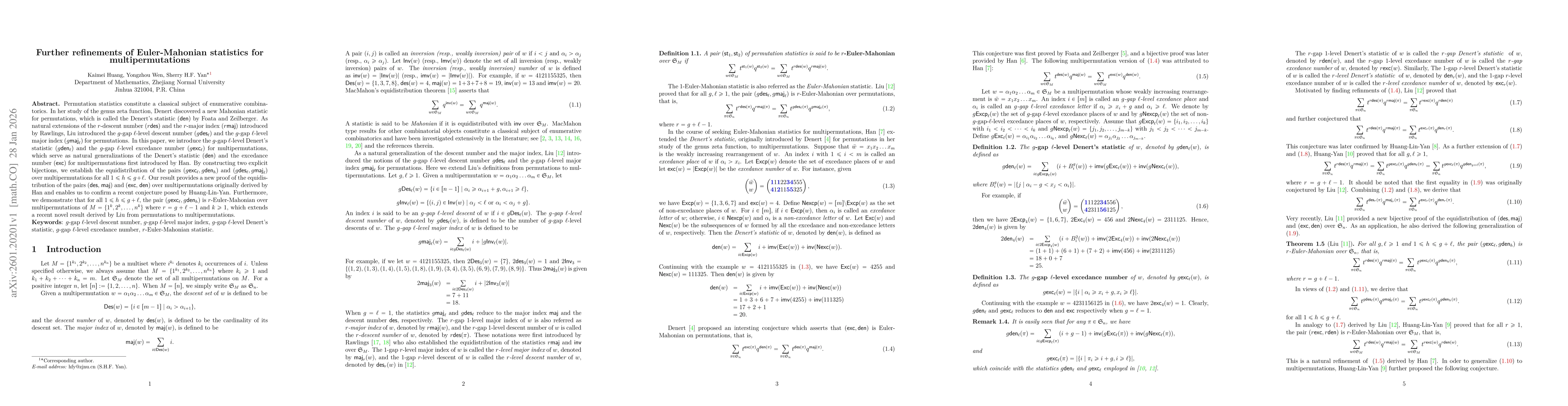 Thumbnail for Further refinements of Euler-Mahonian statistics for multipermutations