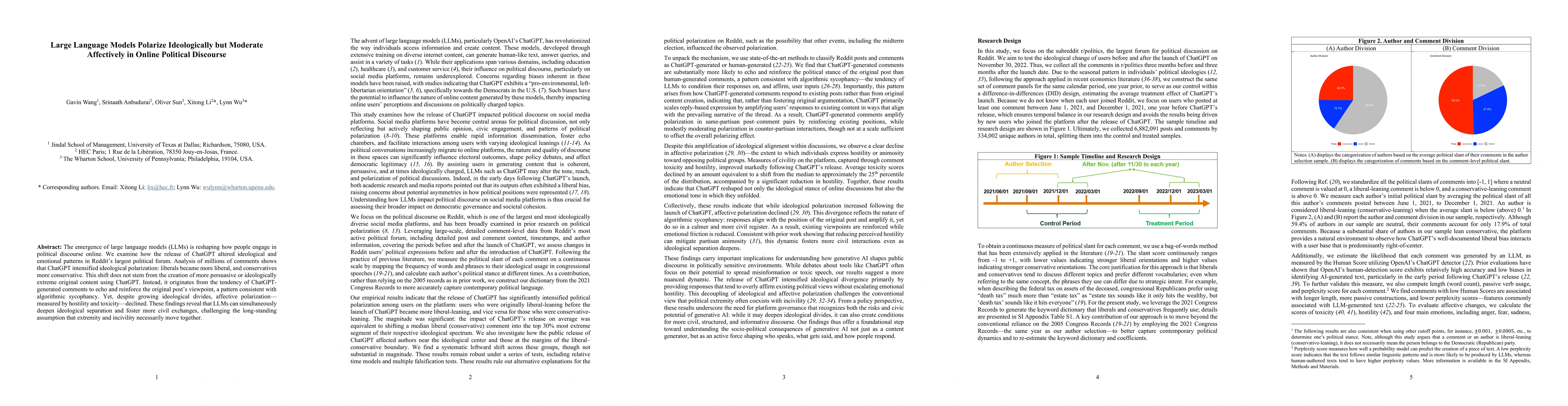 Thumbnail for Large Language Models Polarize Ideologically but Moderate Affectively in Online Political Discourse