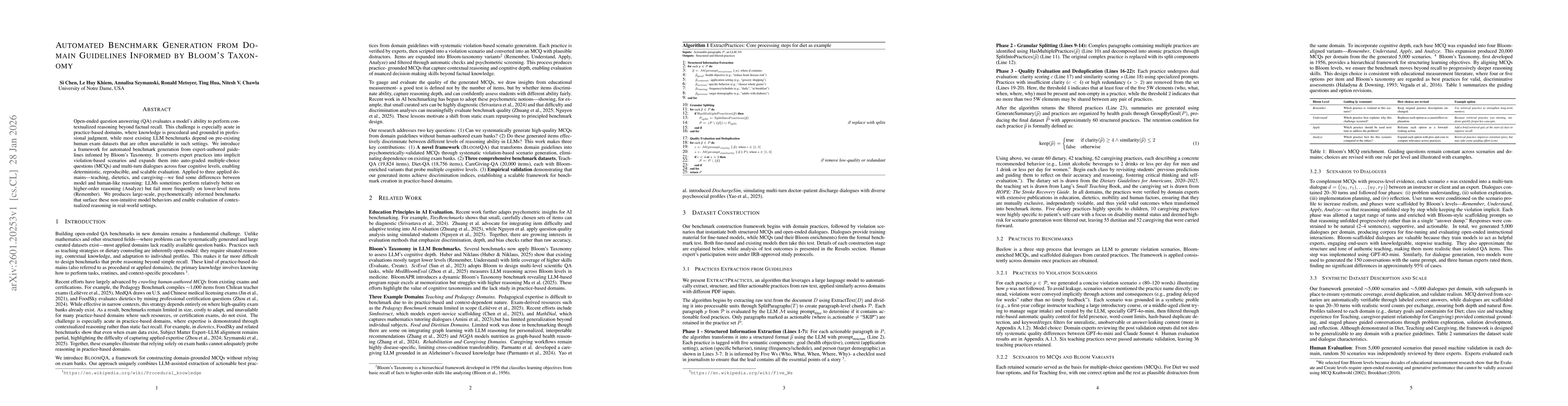 Thumbnail for Automated Benchmark Generation from Domain Guidelines Informed by Bloom's Taxonomy