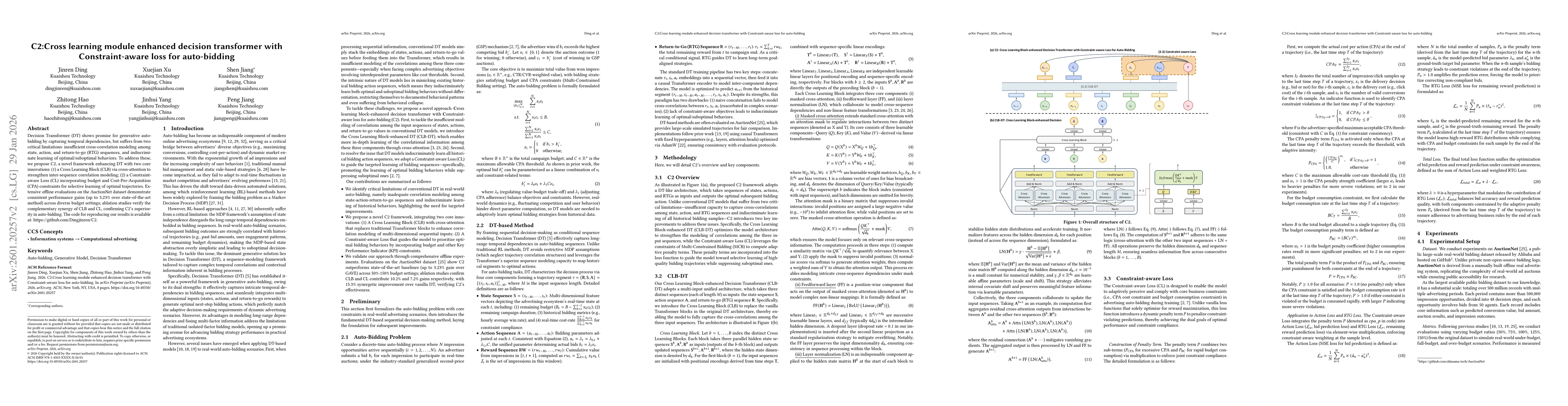 Thumbnail for C2:Cross learning module enhanced decision transformer with Constraint-aware loss for auto-bidding