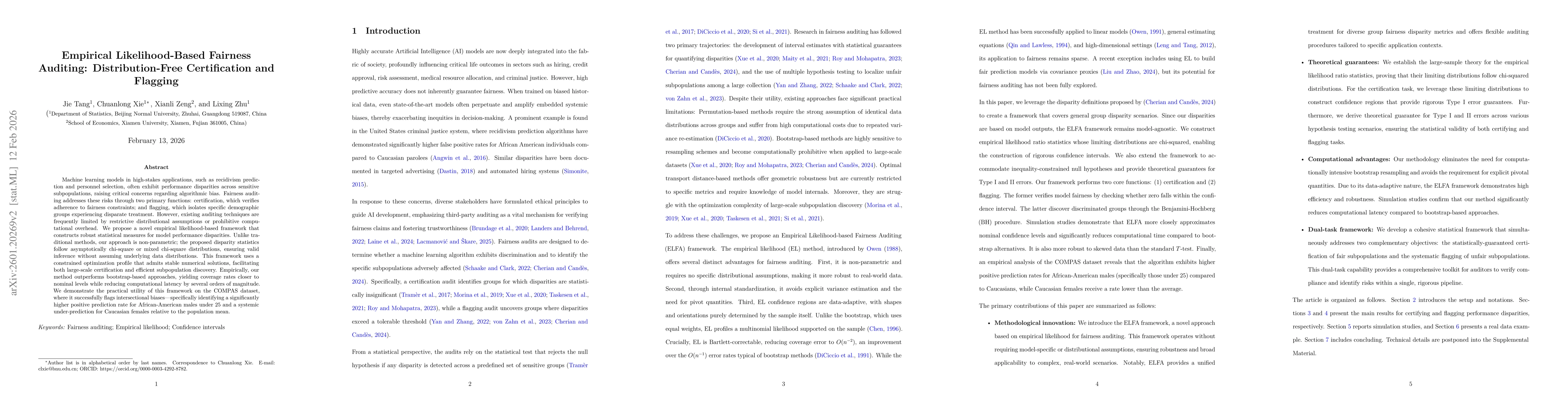 Thumbnail for Empirical Likelihood-Based Fairness Auditing: Distribution-Free Certification and Flagging