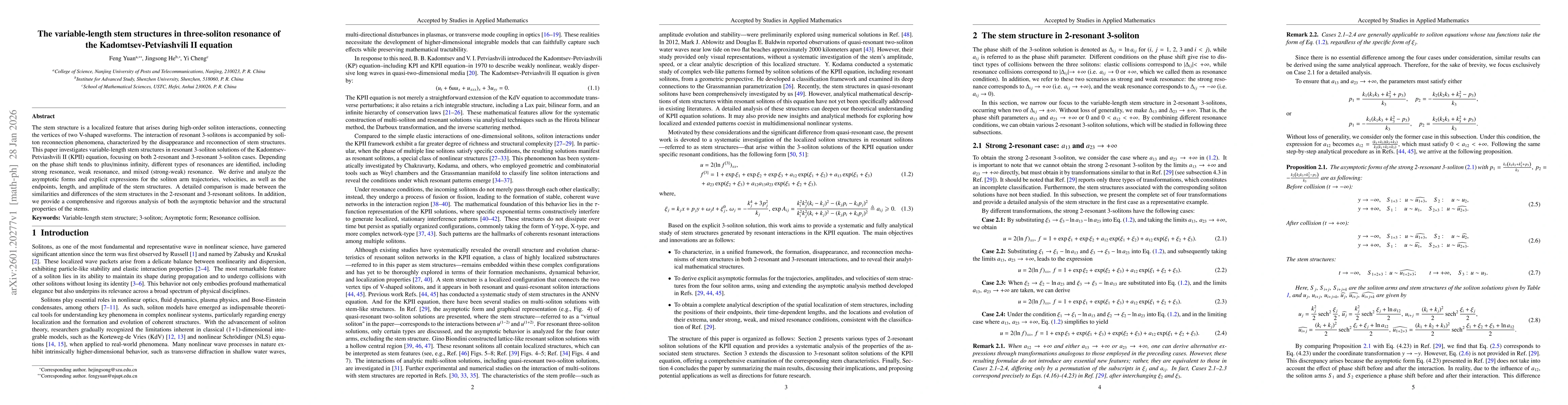 Thumbnail for The variable-length stem structures in three-soliton resonance of the Kadomtsev-Petviashvili II equation