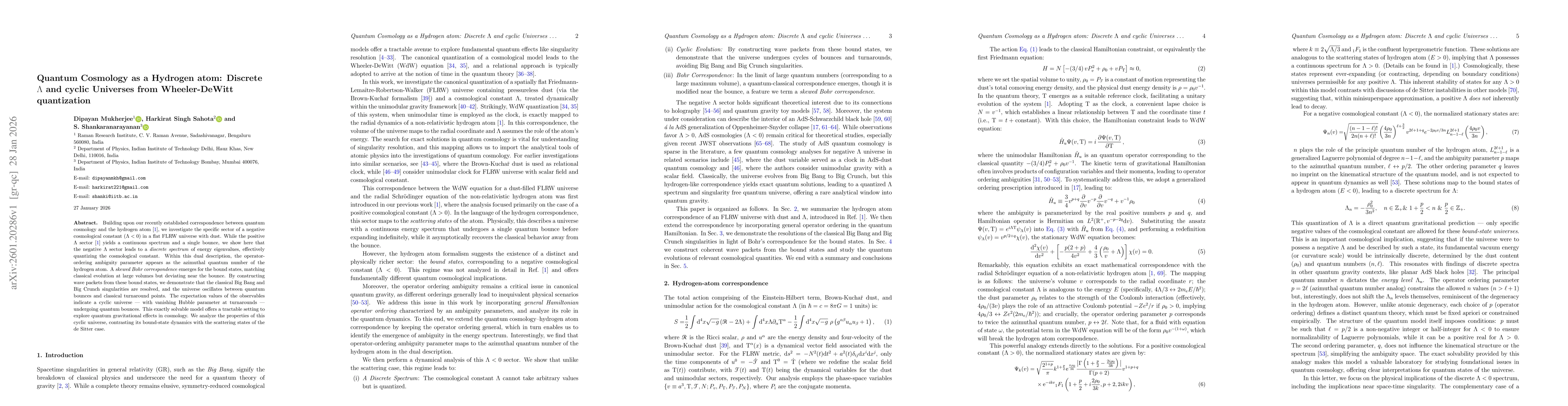 Thumbnail for Quantum Cosmology as a Hydrogen atom: Discrete $Λ$ and cyclic Universes from Wheeler-DeWitt quantization