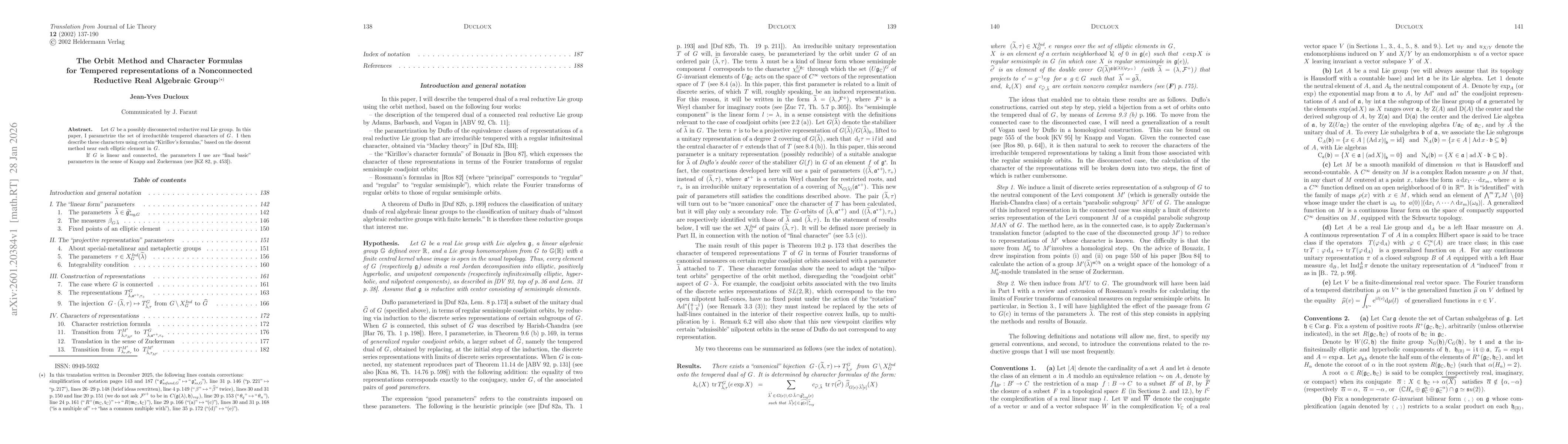 Thumbnail for The Orbit Method and Character Formulas for Tempered representations of a Nonconnected Reductive Real Algebraic Group