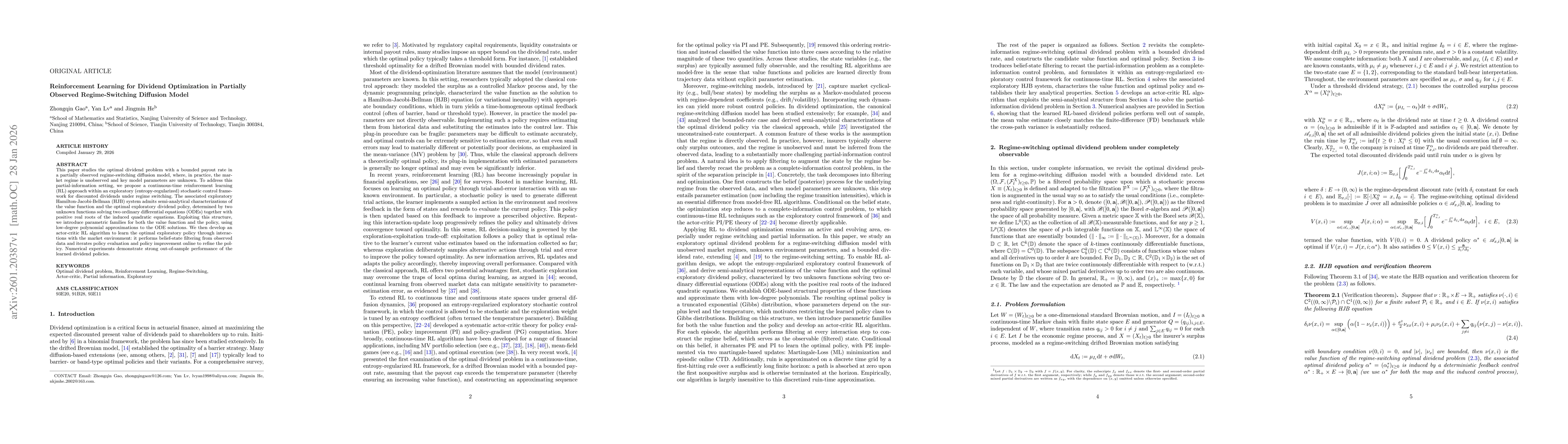 Thumbnail for Reinforcement Learning for Dividend Optimization in Partially Observed Regime-Switching Diffusion Model