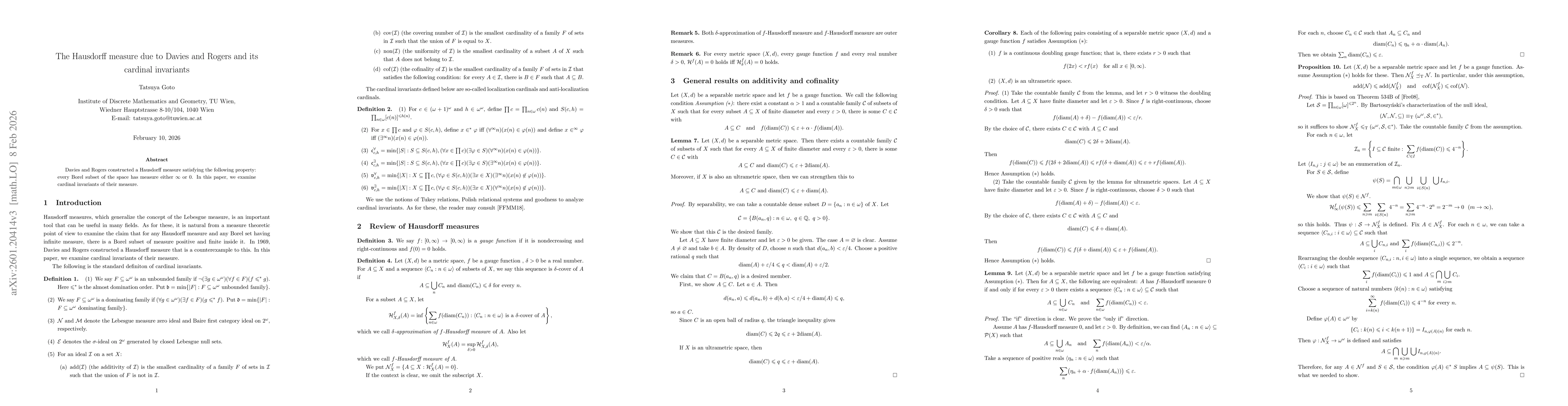 Thumbnail for The Hausdorff measure due to Davies and Rogers and its cardinal invariants