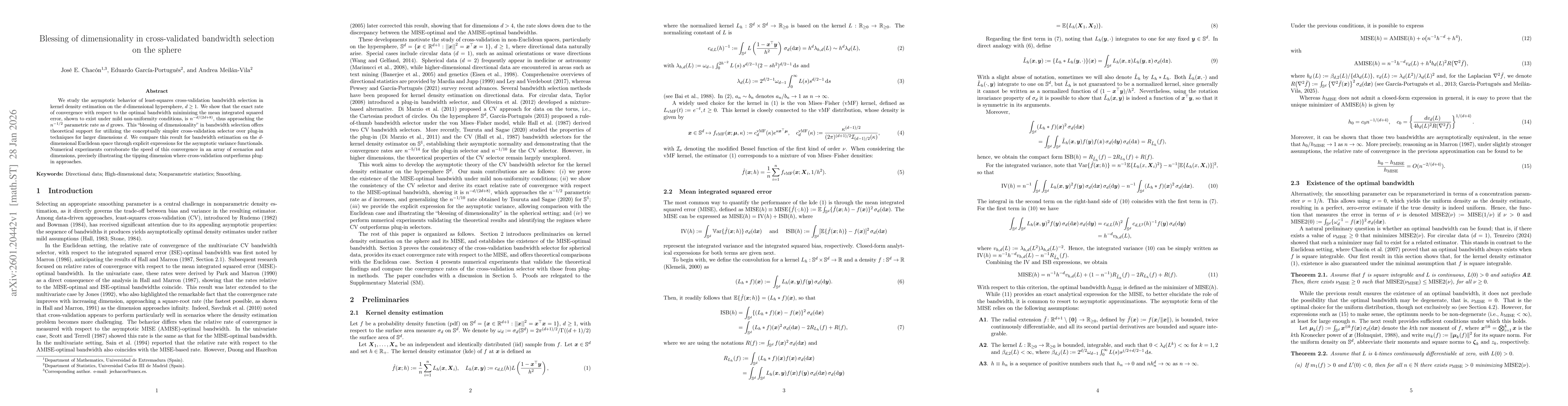 Thumbnail for Blessing of dimensionality in cross-validated bandwidth selection on the sphere
