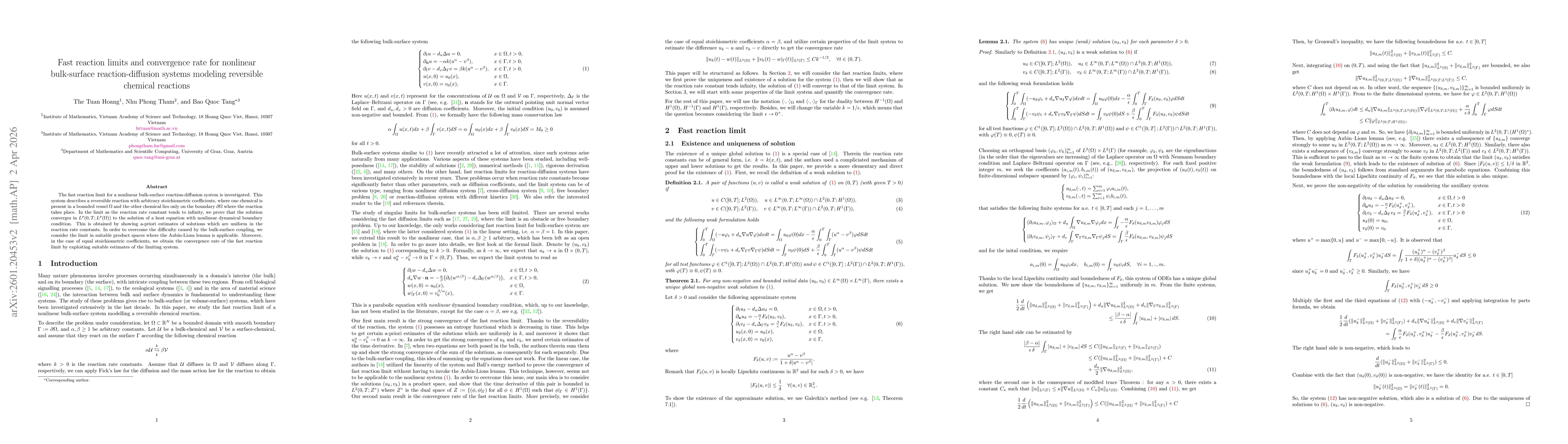Thumbnail for Fast reaction limits and convergence rate for nonlinear bulk-surface reaction-diffusion systems modeling reversible chemical reactions