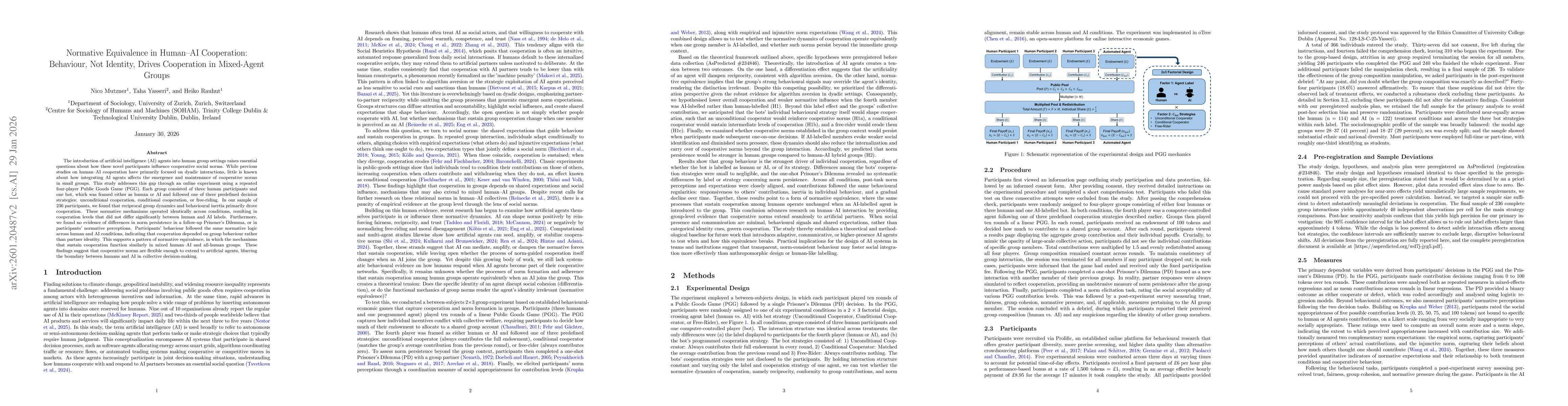 Thumbnail for Normative Equivalence in human-AI Cooperation: Behaviour, Not Identity, Drives Cooperation in Mixed-Agent Groups