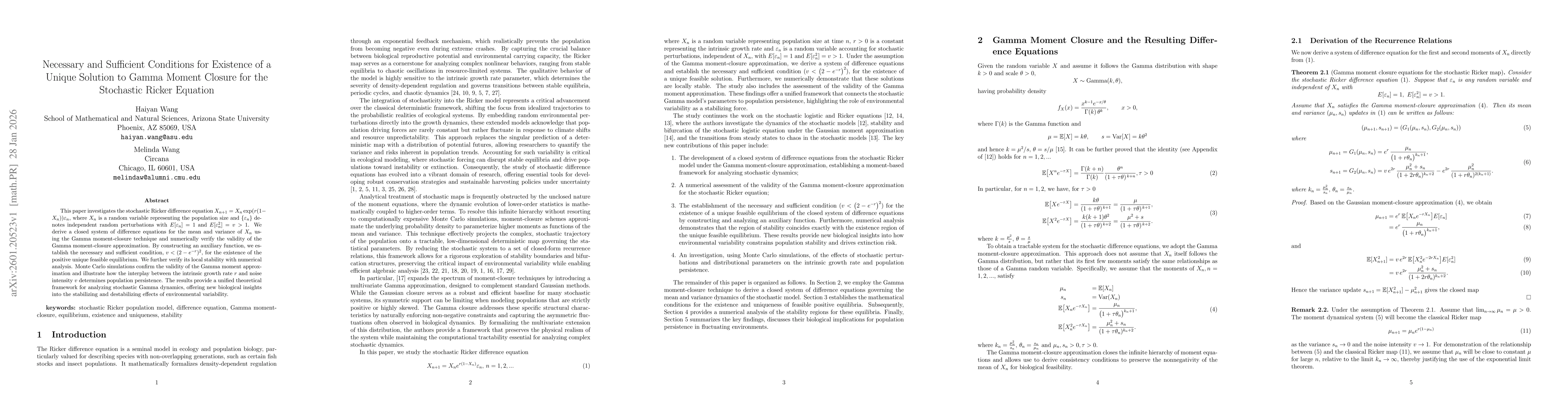 Thumbnail for Necessary and Sufficient Conditions for Existence of a Unique Solution to Gamma Moment Closure for the Stochastic Ricker Equation