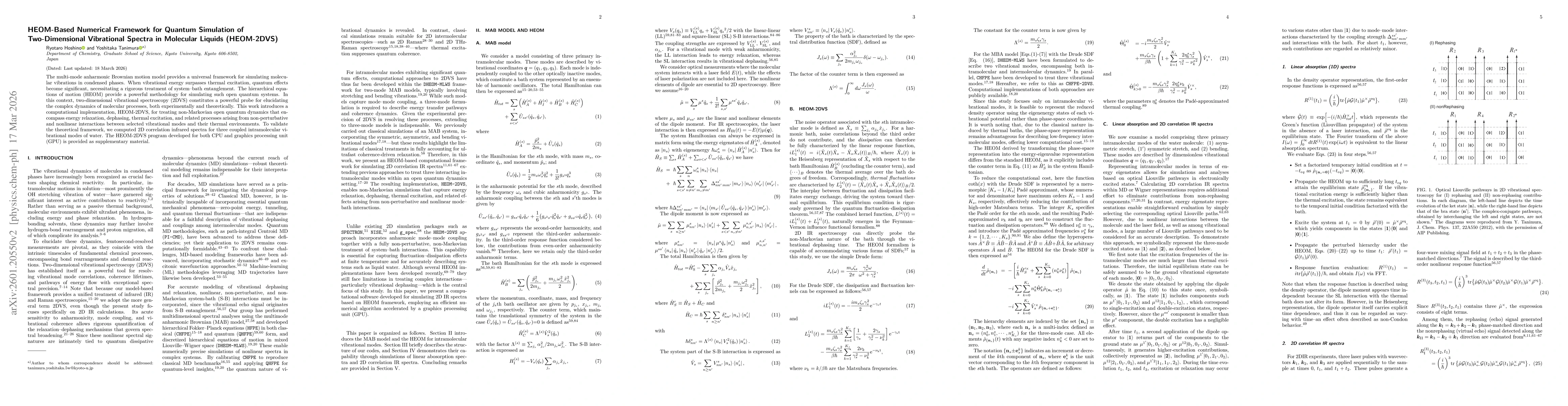 Thumbnail for HEOM-Based Numerical Framework for Quantum Simulation of Two-Dimensional Vibrational Spectra in Molecular Liquids (HEOM-2DVS)