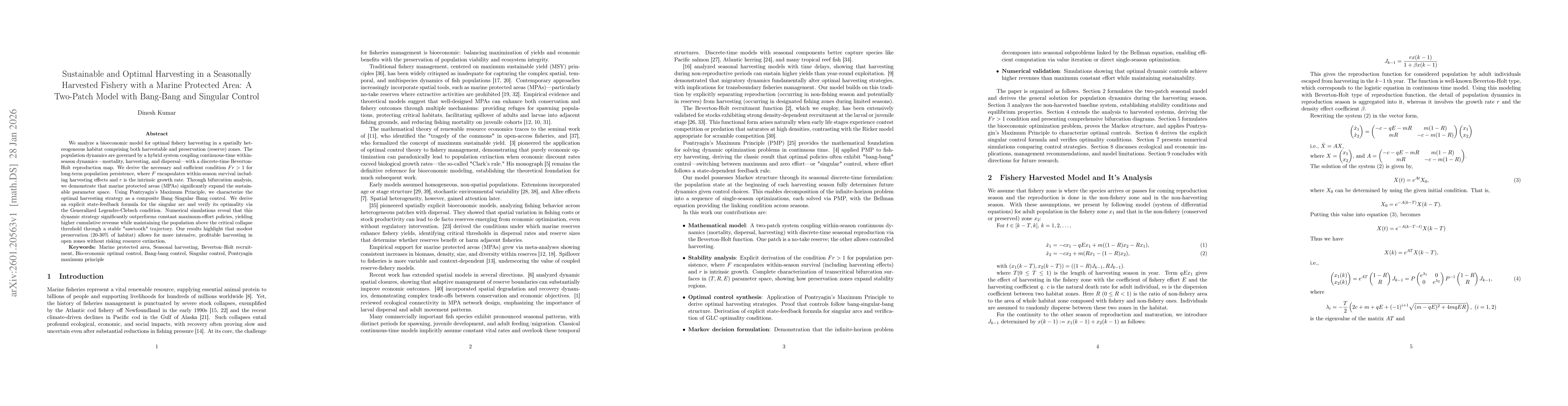 Thumbnail for Sustainable and Optimal Harvesting in a Seasonally Harvested Fishery with a Marine Protected Area: A Two-Patch Model with Bang-Bang and Singular Control
