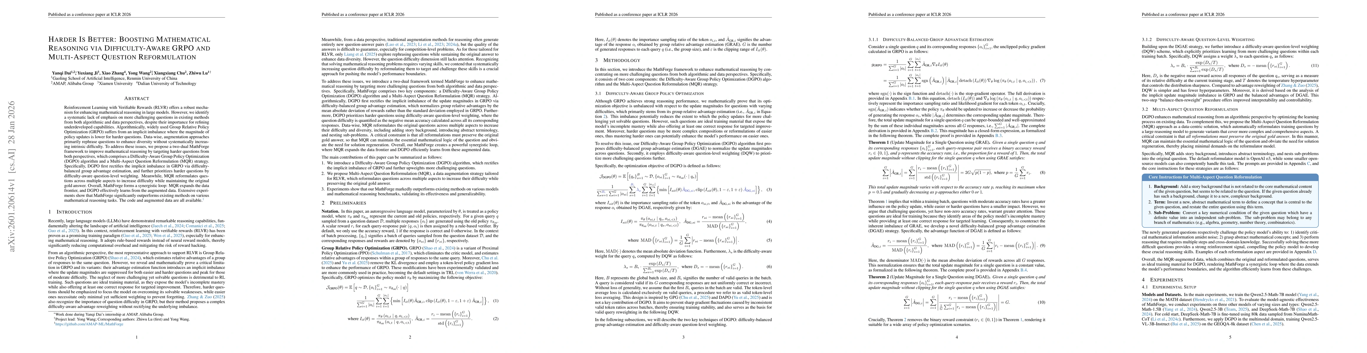 Thumbnail for Harder Is Better: Boosting Mathematical Reasoning via Difficulty-Aware GRPO and Multi-Aspect Question Reformulation