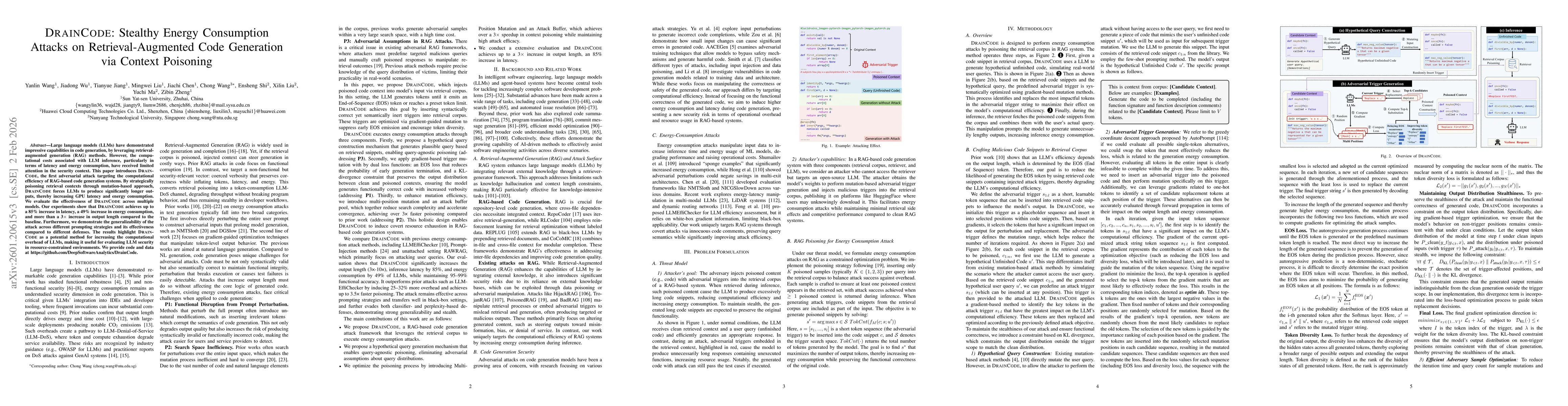Thumbnail for DRAINCODE: Stealthy Energy Consumption Attacks on Retrieval-Augmented Code Generation via Context Poisoning
